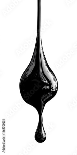 Heavy oil drop in motion isolated on white, representing pollution, industry, or environmental impact