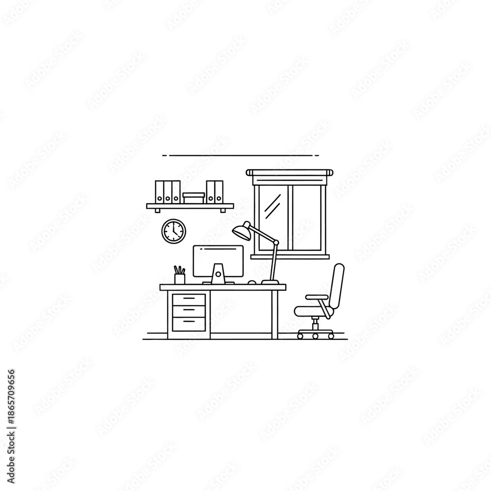 Fototapeta premium Minimalist Office Desk Setup with Computer and Ergonomic Chair for Modern Workspace