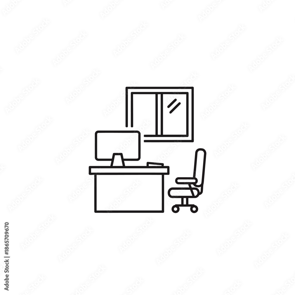 Fototapeta premium Minimalist Office Desk with Computer and Window Scene for Workspaces