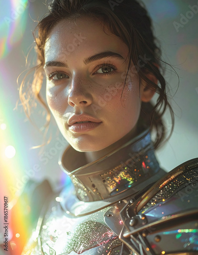 Vision of a Female Knight: A strong, valiant female knight stands tall in ornate armor, a symbol of courage, resilience, and unwavering dedication, exuding an aura of both strength and grace. 