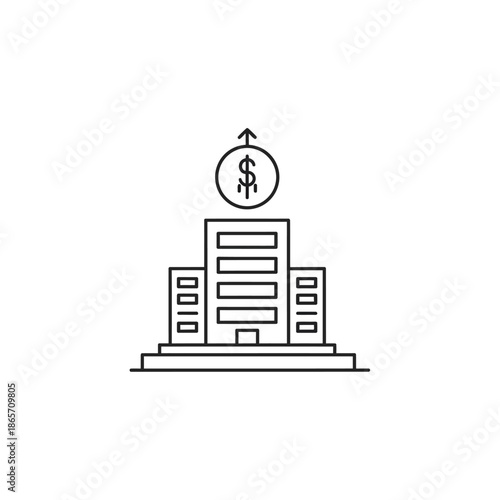 Modern Bank Building Illustration with Dollar Coin and Upward Arrow