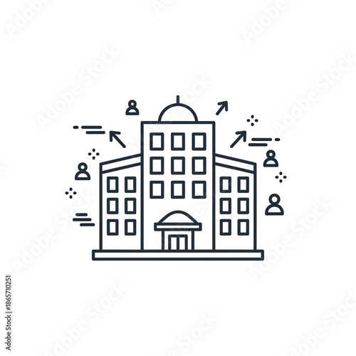 Modern Office Building Illustration with Community and Business Symbols