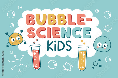 A vibrant kids science logo featuring cartoon characters and test tubes, perfect for educational materials or children's science programs