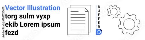 Process automation, workflow, data transfer, organization systems, productivity tools, digital management. A document, buffer indicator and gears are illustrated. Process automation and workflow