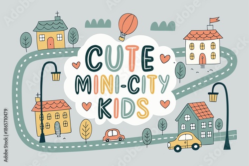 A cute and colorful logo featuring a mini city for kids with rounded letters, conveying a sense of fun, imagination, and youthful energy.