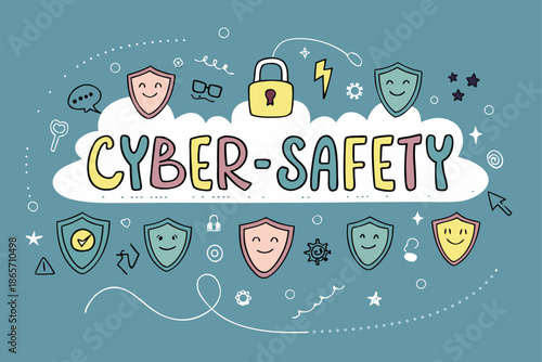 Vibrant cyber safety logo for kids with shields and locks, promoting online protection and security awareness