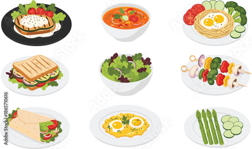Collection of healthy food dishes including salads grilled chicken wraps vegetable skewers and eggs, cad drawing flat vector illustration, isolated on white background,