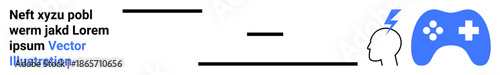 Gaming technology, cognitive processes, mental stimulation, neural activity, digital experiences, creativity. Blue game controller and human head with lightning symbol. Gaming technology