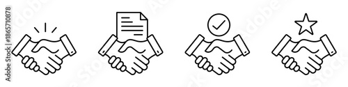 Business handshake icons. Agreement, partnership, and successful deal with contract, check mark, and star design elements. Vector illustration transparent PNG