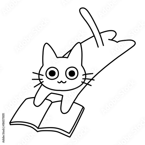 腹ばいで夢中に読書する猫のイラスト（自由研究・速読・集中）