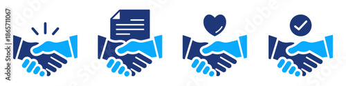 Handshake solid icon set. Agreement, partnership, and successful deal with contract, heart, and check mark flat design elements. Vector illustration transparent PNG