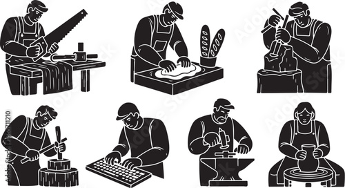 Black and white illustrations of craftsmen at work in workshop