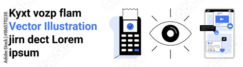 Digital security, online authentication, mobile identity, cybersecurity, user identification, information safety. Mobile device with checkmark, eye icon, online communication screen interface