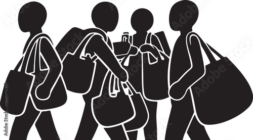 Group of people walking with luggage and bags in line