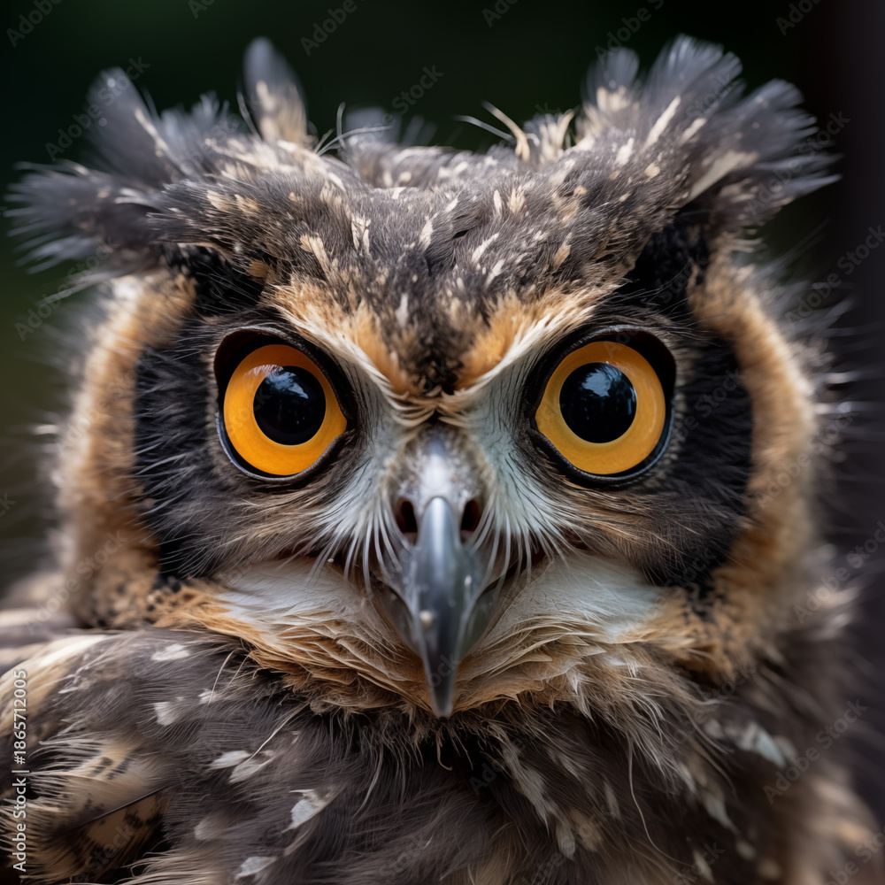 Fototapeta premium Intense close-up of an owl with bright orange eyes, capturing its captivating and watchful gaze amidst detailed brown and black feathers.