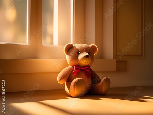 teddy bear sitting on the floor in front of window at home
