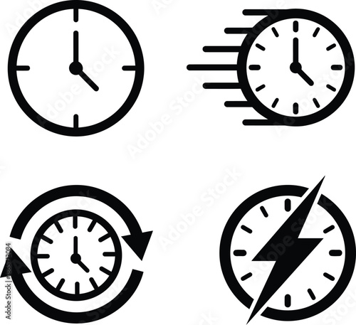 Set of four stylized clock icons representing time concepts