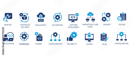 DevOps Icon Collection: Software Development, Deployment, and Monitoring Solid Vector