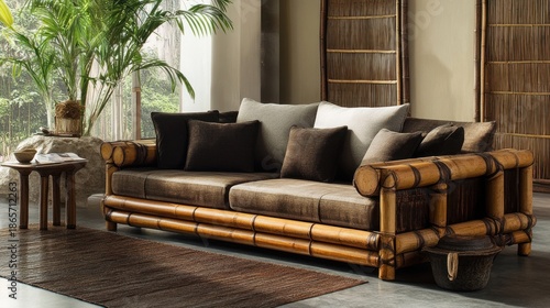 Modern bamboo sofa in stylish living room with plants and view