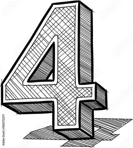 Hand drawn 3D number four sketch style illustration with hatching and cross hatching shadow isolated on white background for design.