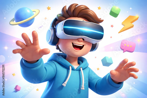 Happy Kid in VR Headset Experience for Metaverse Technology Concept
