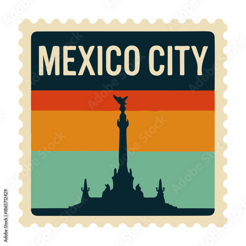 Vibrant Mexico City travel stamp with iconic landmark silhouette