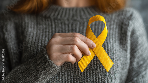 A person holds a yellow ribbon symbolizing support and awareness. The image captures the person wearing a gray sweater, and the ribbon is the focal point