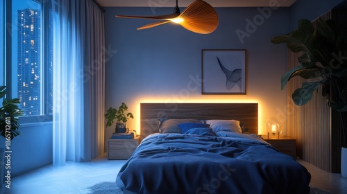 Modern bedroom at night with city view, warm lighting, and plants