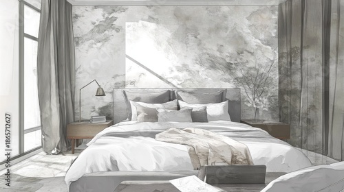 Modern bedroom interior with neutral color scheme and marble wall design, natural light streaming in