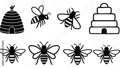 A black and white illustration of bees and beehives in silhouette mode