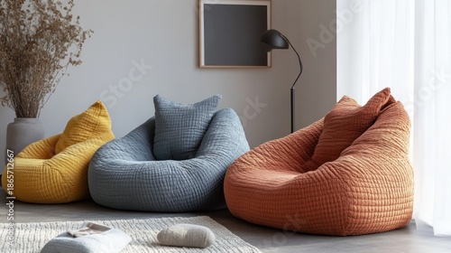 Modern beanbag chairs in neutral tones in a cozy living room with a minimalist style