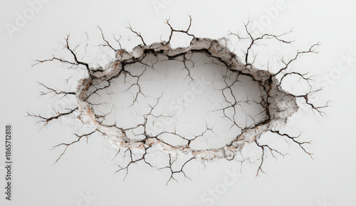Cracked white wall with jagged hole featuring dark, sharp thorns and deep fractures, revealing textured underlying surface