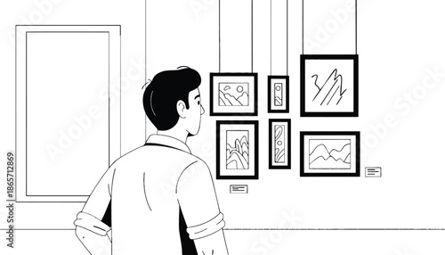 A man stands in an art gallery admiring paintings in silhouette