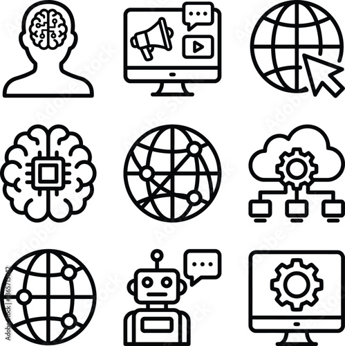 Technology icons for artificial intelligence, marketing, and global networking
