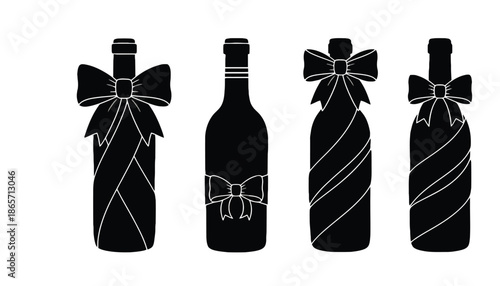Four black wine bottles with decorative bows and ribbons in silhouette mode