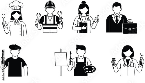 A diverse group of professionals in various occupations in silhouette