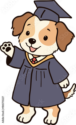 Happy graduation puppy dog waving hand, cute animal mascot vector illustration