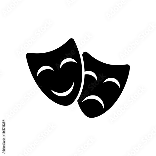 Minimalist theater masks logo, black comedy and tragedy masks side-by-side, slightly overlapping, flat vector style, solid black shapes with white curved facial lines, high contrast, white background,