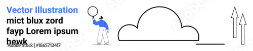 Person holding balloon standing beside cloud with two upward arrows symbolizing growth, progress, and aspirations. Ideal for innovation, motivation, upward trends, personal growth, branding