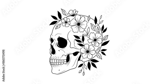 Floral Skull Illustration A Symbolic Blend of Life and Mortality.