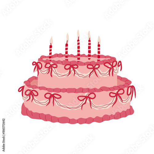 Festive cake with red and white frosting, ribbon and burning candles. Vector cake for birthday designs, girly party themes, event