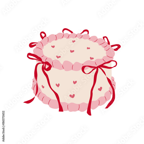 Girly cake with bows. Cake, pastry in coquettish aesthetic. Isolated feminine vector illustration