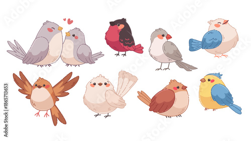 Kawaii spring birds set. Cute hand drawn birds clipart