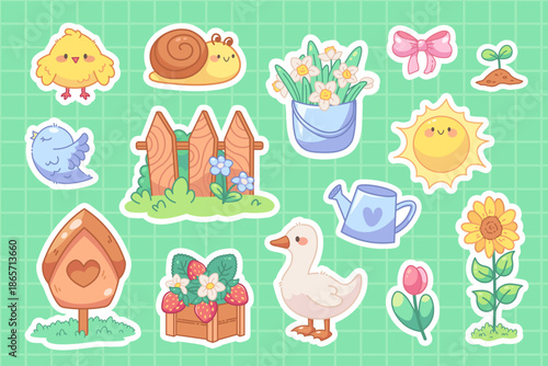 Kawaii spring sticker set. Printable sheet with stickers. Vector kit of cute garden elements, animals, flowers, cozy village details
