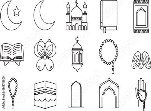 Set of 15 Black and White Outline Islamic Religious Icons Vector