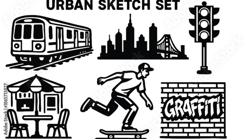 An urban sketch set featuring a cityscape with silhouette of a skateboarder