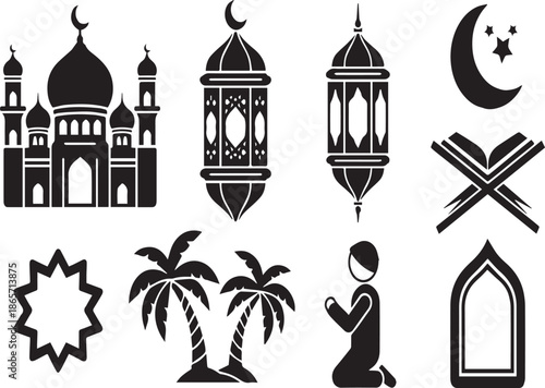 Set of 9 Black Islamic Ramadan Vector Icons