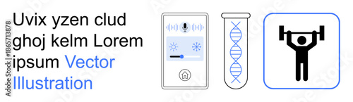 Technology, science research, fitness training, health monitoring, genetic testing, lifestyle design. Icons a smart device, DNA strand and a weightlifting figure. Technology and science research