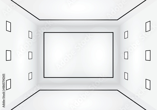 Print Large empty room with with square lights on the ceiling and lots of open blank empty space. White empty room with square lights.