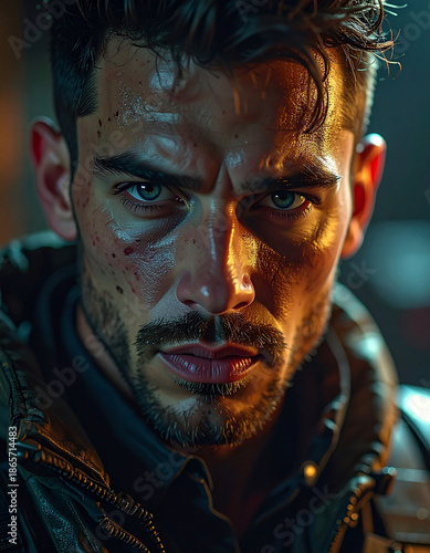 Intense Focus: A Determined Portrait: This striking close-up showcases a man with intense eyes, a focused expression, and a rugged look, conveying resilience and determination.